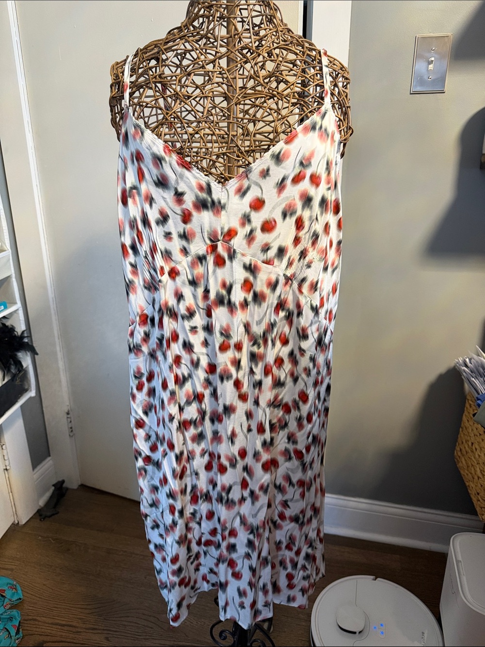 J. Crew White Slip Dress with Red and Black blurry cherry Print